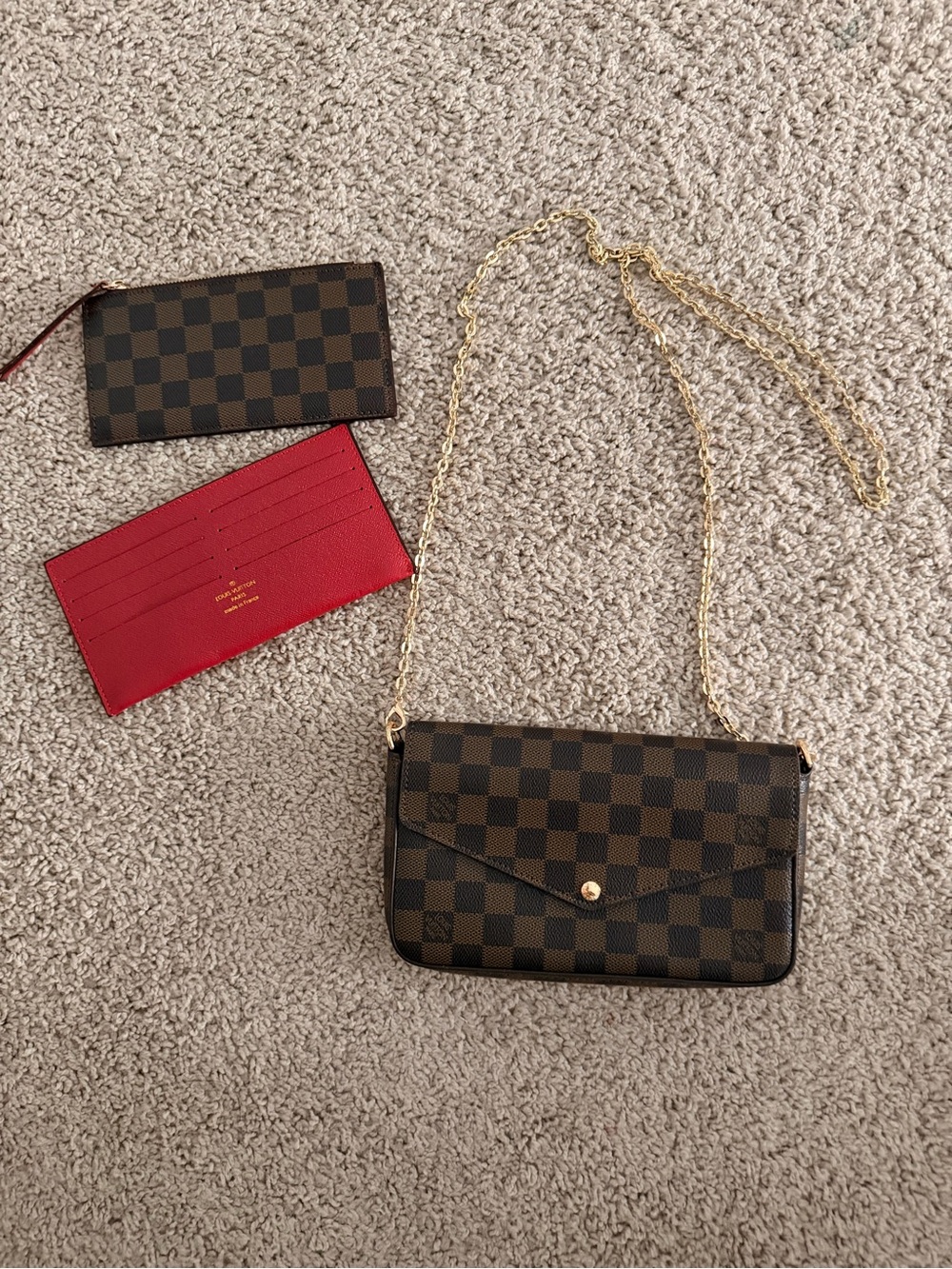 Brown Checkered Crossbody Wallet with Gold Chain